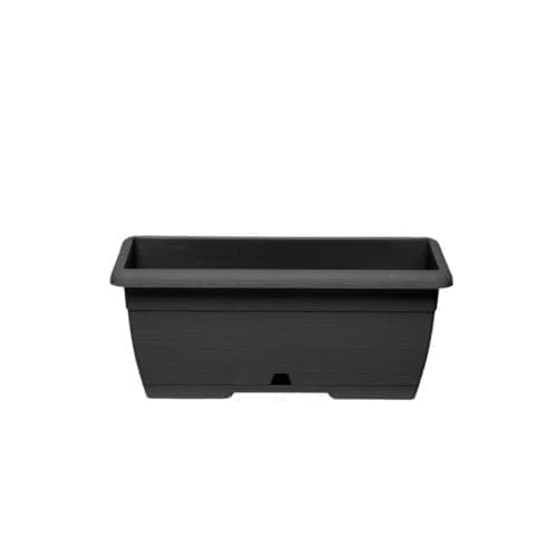 Petite jardinière noir décorative avec soucoupe en dessous de la jardinière.